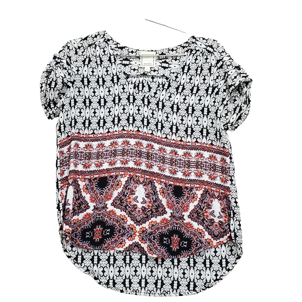 Meraki Blouse Women's Small White Blue Paisley Geometric Hi Low Hem V-Neck Flowy